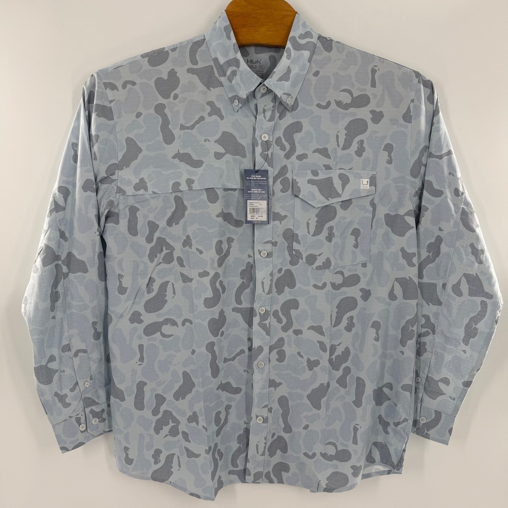Huk Tidepoint Long Sleeve‎ Fishing Shirt Mens XL Blue Camo Button Down H1200254